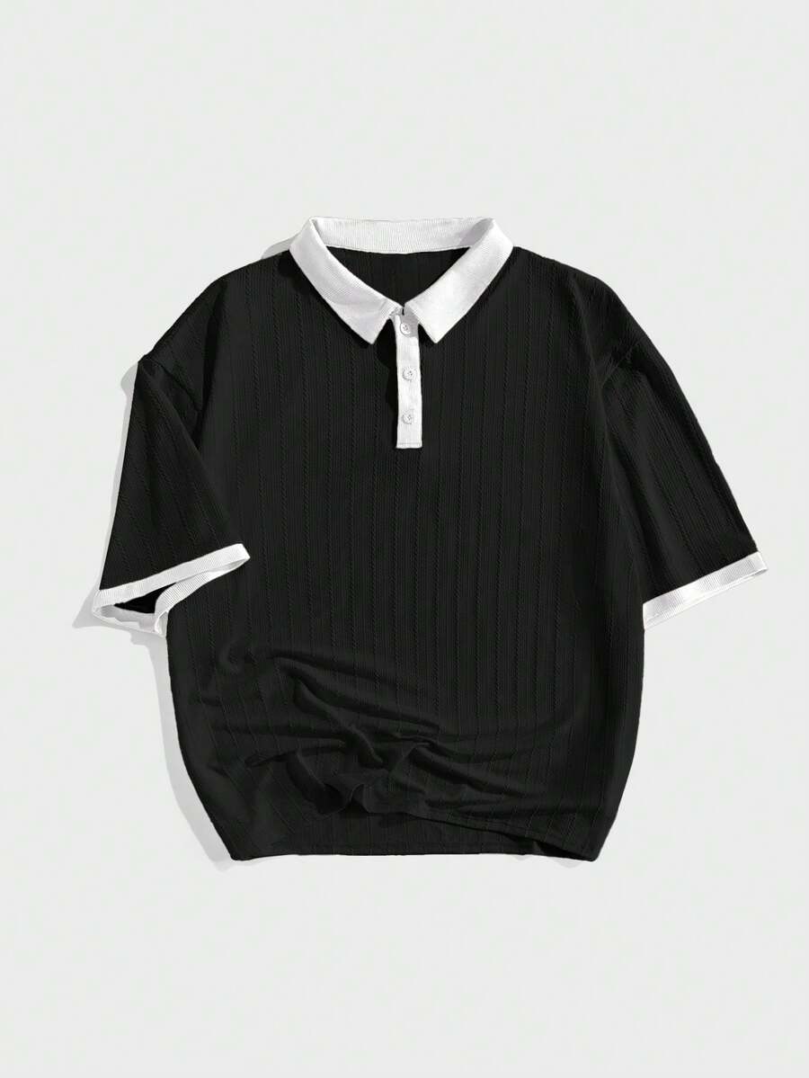 EASEVO 大码男士休闲针织短袖 Polo 衫,适合夏季 - 黑色 - 查看 1
