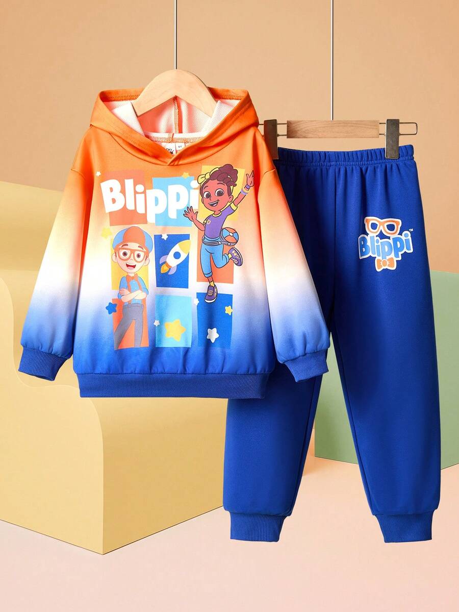 Blippi X SHEIN 2pcs/Set Young Boy Cartoon Figure & Letter Graphic Ombre Drop Shoulder Long Sleeve Hooded Sweatshirt & Letter Graphic Blue Knit Jogger Pants Casual Sports Outfit - Blue - View 1