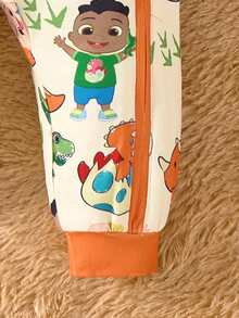 CoComelon X SHEIN 男婴卡通恐龙印花撞色饰边拉链连体裤，秋冬 - 彩色 - 查看 4