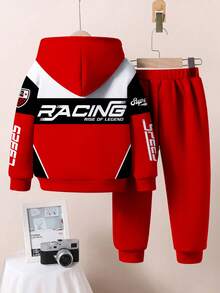 SHEIN 2 件套年轻男孩宽松运动简约舒适经典赛车文化“No.1”速度图形印花长袖连帽衫运动衫