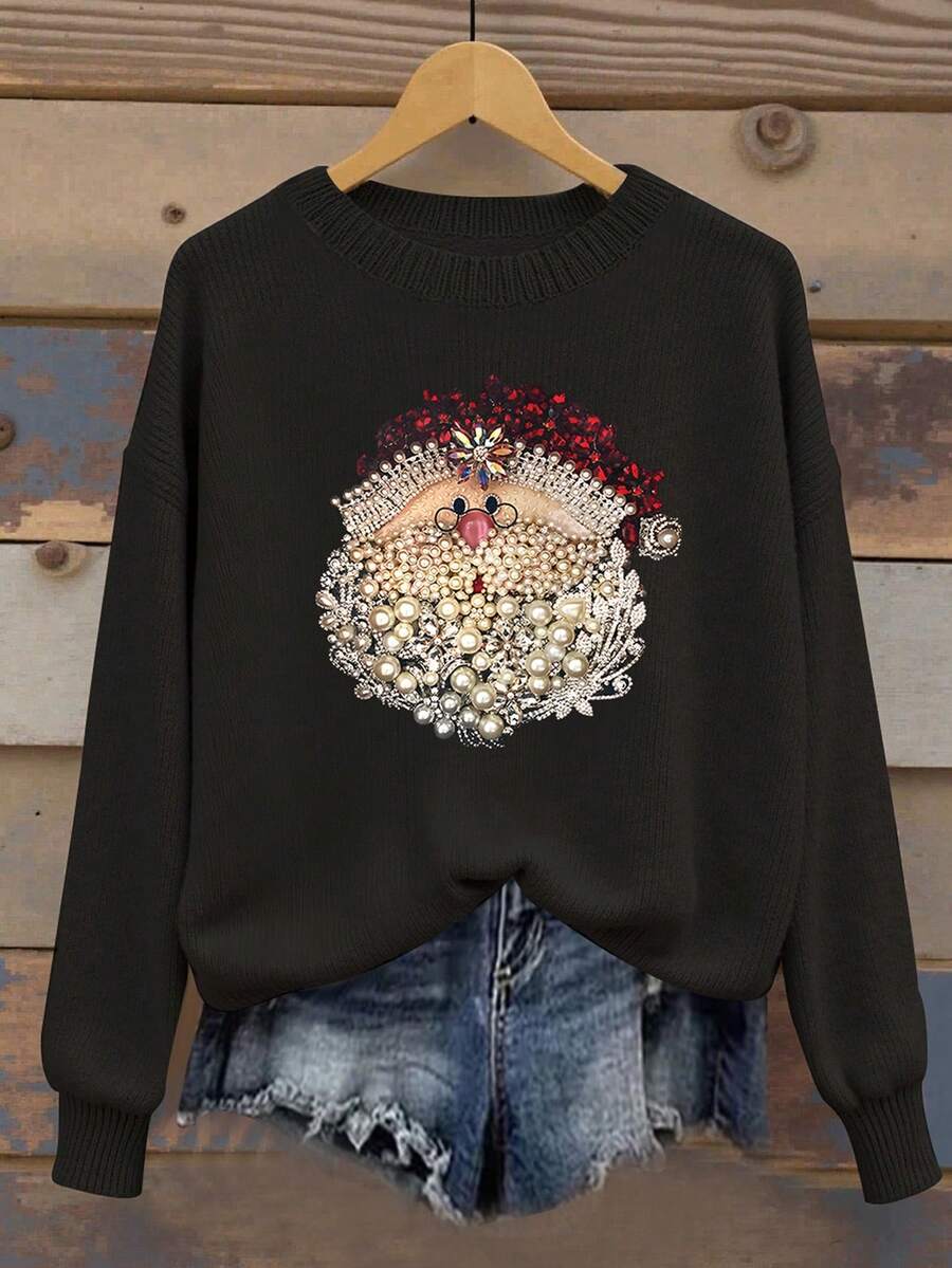 INAWLY 圣诞节仿珠宝马赛克图案毛衣,女士舒适保暖圆领长袖套头衫,适合日常穿着,圣诞礼物 - 彩色 - 查看 1