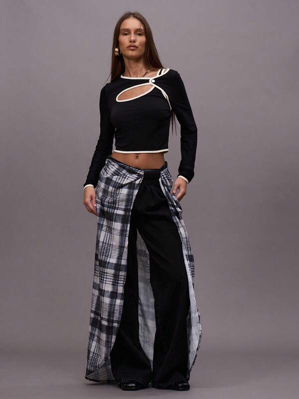 MUSERA Jeans holgados de mezclilla con falda superpuesta a cuadros para salir de noche, otoño, invierno, ropa de calle, linda, de vuelta a la escuela, sexy, sin cortar, Navidad, invierno, elegante, fiesta, noche