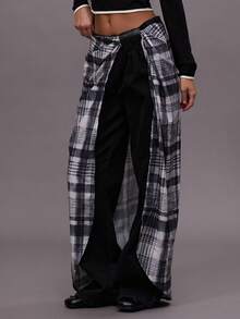 MUSERA 宽松牛仔裤搭配格子裙，适合秋冬季夜间外出、街头风、可爱、返校季、性感、未裁剪 - 黑色 - 查看 3