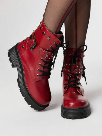 Goth Women's Fashionable Punk Style Wine Red Metal Bat Decor Wedge Platform Thick Heel Roman Casual Ankle Boots With Side Zipper, Halloween