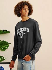 Open Phase 男士花卉字体复古美式圆领卫衣 | 芝加哥字母印花 | 休闲街头风，秋冬春夏皆宜 - 深灰色 - 查看 3