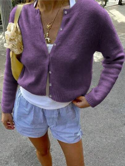 INAWLY Women's Solid Color Drop Shoulder Long Sleeve Single-Breasted Casual Knit Cardigan, Autumn/Winter