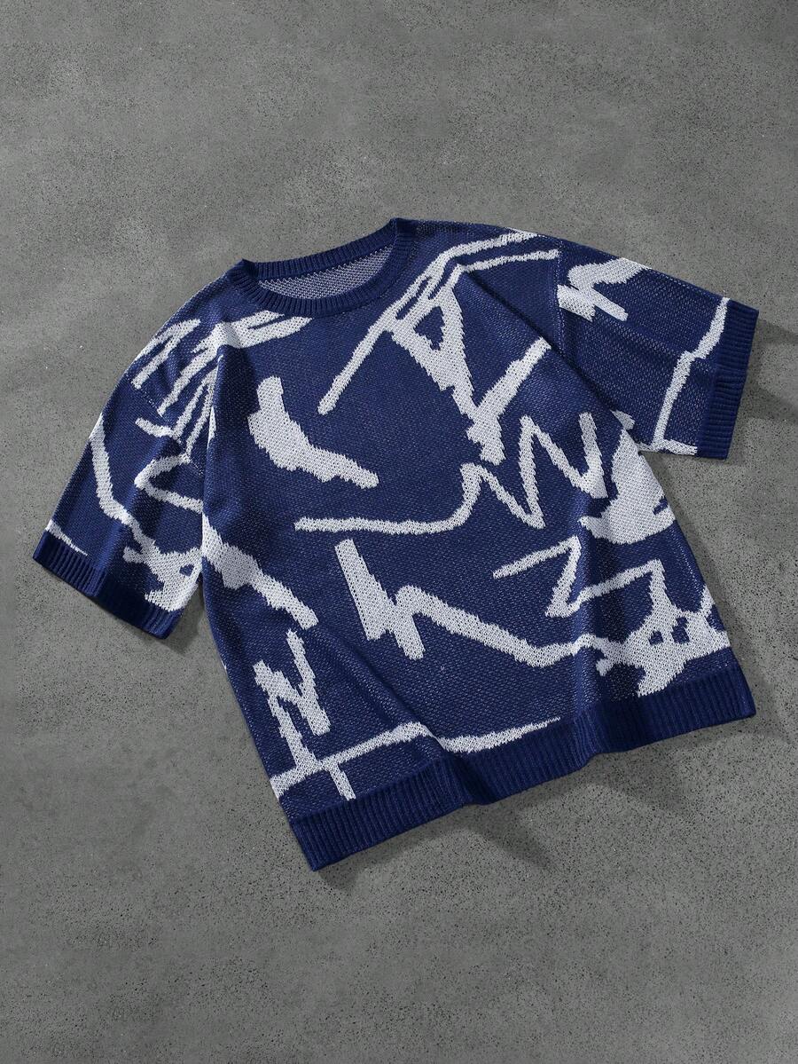 PAVTROS Men's Contrast Color Print Crew Neck Short Sleeve Knit Top - Navy Blue - View 1