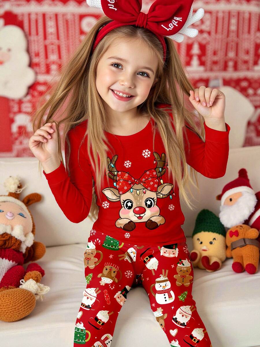 SHEIN Bộ đồ ngủ tay dài mềm mại ấm áp, họa tiết bông tuyết, hình ông già Noel, nơ dễ thương, tuần lộc, người tuyết, bánh gừng hoạt hình, phù hợp mặc ở nhà mùa thu/đông, vừa vặn - Nhiều màu - Xem 1