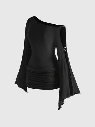 Hippie Vestido casual mini con mangas de murciélago, hombros asimétricos, cordón en la cintura y falda acampanada, estilo vintage para mujeres