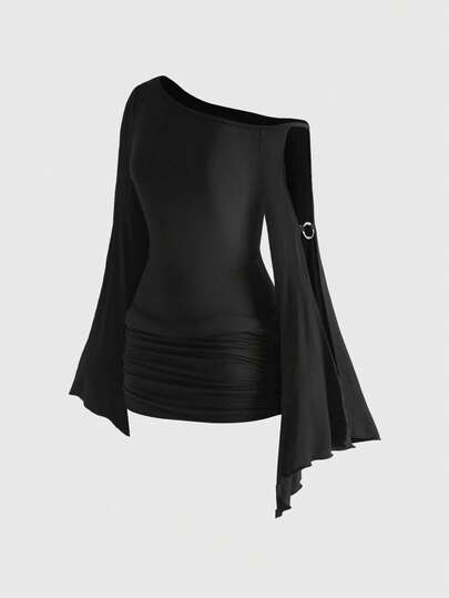 Hippie Vintage Asymmetric Asymmetrical Shoulder Drawstring Waist Flare Sleeve Casual Bat Wing Mini Dress For Women