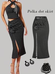 SHEIN MOD Women's 3D Floral Decor Low Waist Ruched Slit Fitted Pencil Skirt,Black White Polka Dot,Autumn,Elegant,Party,Christmas Elegant Split Skirts - Black and White - View 3