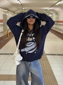 INAWLY 女士印花宽松长袖卫衣 - 藏蓝色 - 查看 5