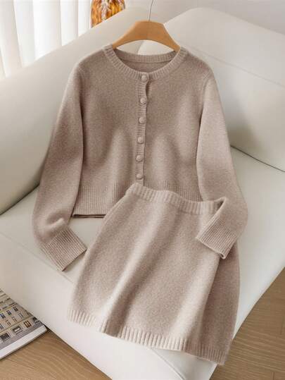 CosyJoli 大码女式黑色开衫毛衣和裙子两件套，休闲日常穿着，秋冬