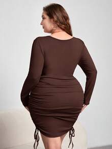 SHEIN Privé 大码纯色系带长袖紧身连衣裙 - 咖啡棕 - 查看 2