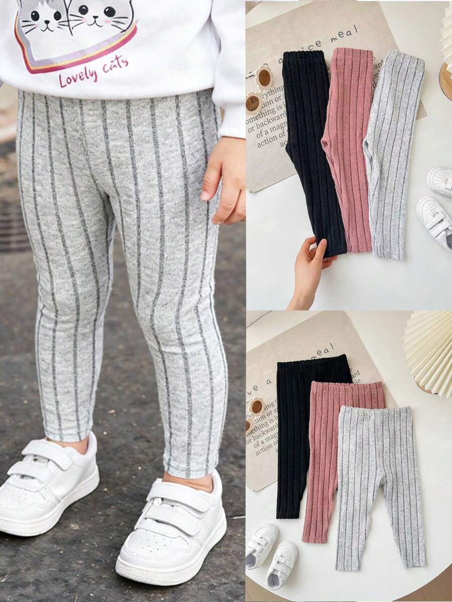 SHEIN Babygirl Versatile Casual Cute Knitted Solid Color Elastic Waist Pants 3-Pack, Solid Color Textured Ripped Leggings 3-Pack, Ripped Trousers 3-Pack, Buy Two Get One Free, Practical Discount, Fashionable Design, Cutting-Edge Fashion Design, Can Be Worn Indoors And Outdoors, Simple Style, Suitable For Indoor, Outdoor, Daily, Sports, Play, Party, Photo, Vacation, Festival - Multicolor - View 1