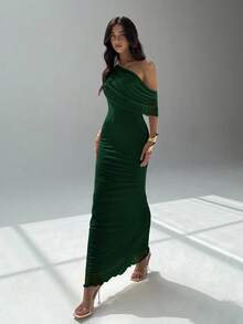 Aloruh Women's Solid Color Asymmetric Neckline Fitted Elegant Dress,Wedding Guest Dress Women,Dresses For Women Elegant,New Year Dress ,Elegant Party Dresses,Dresses For Women Elegant