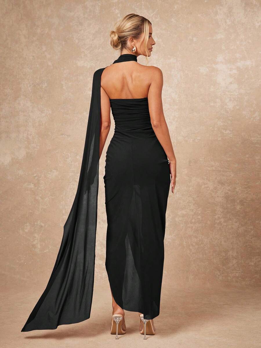 Lumalex Váy dài nữ có cổ khăn, ngực nhún và xẻ tà bên hông - màu đen - Xem 1