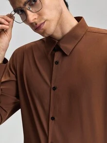 Officeau Men's Solid Color Long Sleeve Single-Breasted Casual Commuter Shirt, Basic Long Sleeve Business Shirt, Casual Business Formal Shirt, Fall Old Money Men's Dress Shirt Spring To Summer - Brown - View 8