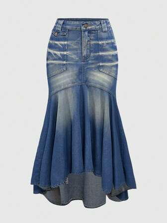 Hippie Plus Size Vintage Washed Bodycon Mermaid Denim Mini Skirt