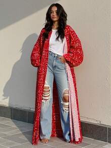 INAWLY 1pc Plus Size Long Sleeve Cardigan - Polyester Fashionable & Versatile Long Coat, All-Over Printed, Casual & Loose Fit, Suitable For All Seasons Winter Fall Autumn - Red - View 4