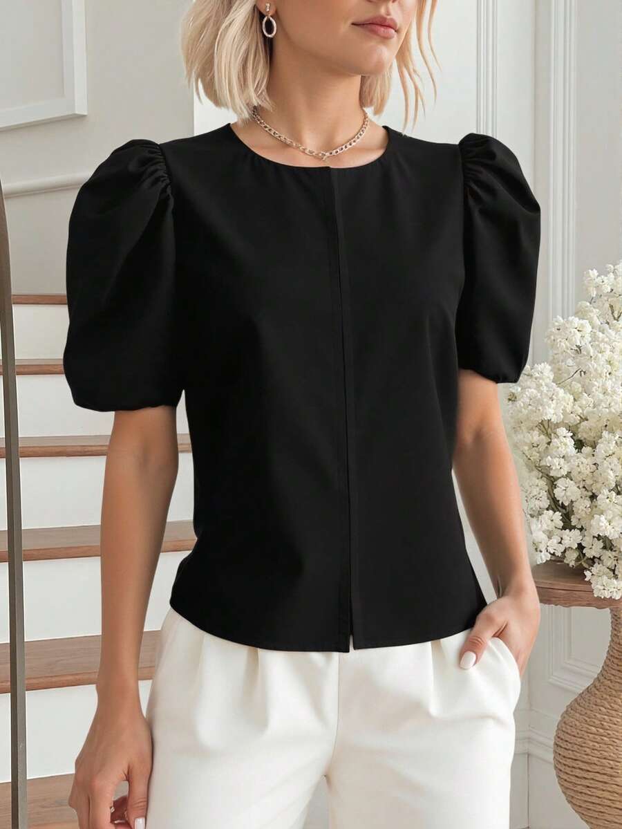 SHEIN Unity 女士纯色圆领短款泡泡袖休闲衬衫 - 黑色 - 查看 1