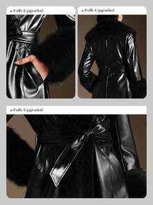 Anewsta Black Glossy Fitted Long Coat With Detachable Fur Collar, Belted, Fashion New Style For Autumn, Winter