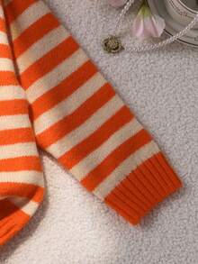 SHEIN 少女休闲条纹长袖毛衣 - 橘色 - 查看 4