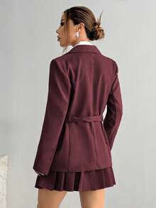 SHEIN Tall 女式宽松休闲腰带西装外套和 A 字褶中长裙套装，春秋 - 紅色 - 查看 2