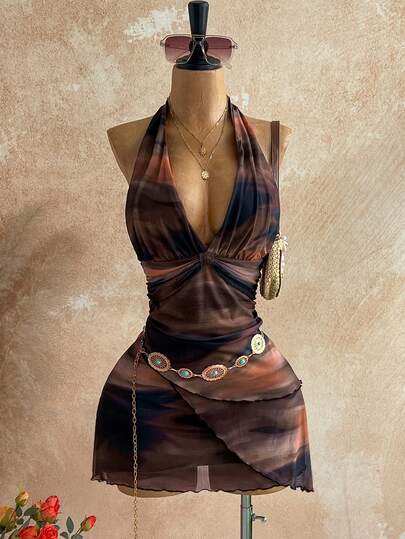 Soleia Sexy Vintage Ombre Halter V-Neck Tie-Up Mesh Ruched Asymmetric Hem Romantic Vacation Women's Mini Dress For Party, Christmas, Date, Nightclub, Bohemian, Boho, Vacation, Fall