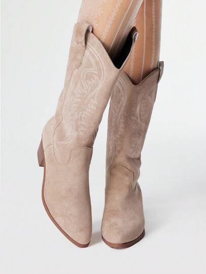 Goth Stivali da cowboy da donna, nuovi arrivi per primavera/autunno, colori chiari, con ricamo, punta affusolata, tacco alto, stivali western