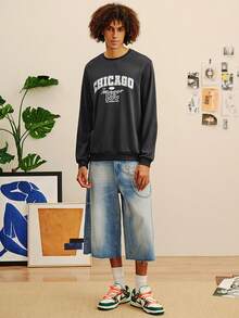 Open Phase 男士花卉字体复古美式圆领卫衣 | 芝加哥字母印花 | 休闲街头风，秋冬春夏皆宜 - 深灰色 - 查看 5