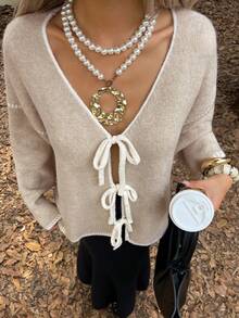 Livesso Women's Autumn Tie-Front Loose V-Neck Cardigan - Beige - View 1