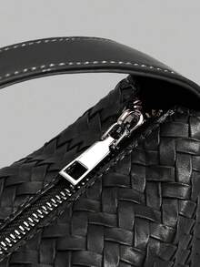 Ontre 女士柔软压纹编织图案半圆形手提包，浓缩咖啡棕色 - 黑色 - 查看 5