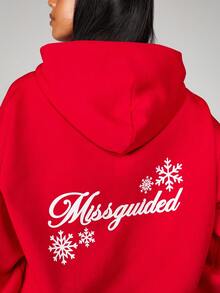 MISSGUIDED Snowflake Christmas Holiday Pullover Hooded Sweatshirt With Drawstring Christmas - Red - View 4