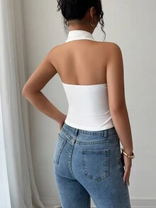 INAWLY Sexy Fitted Halter Neck Ruffle Front Cropped Tank Top For Women - White - View 2