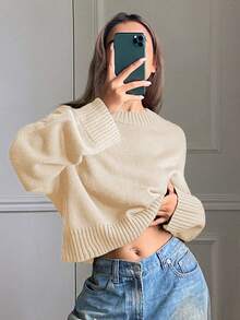 Solid Color Loose Short Crew Neck Casual Street Style Sweater For Women, Autumn/Winter Y2k - Apricot - View 4