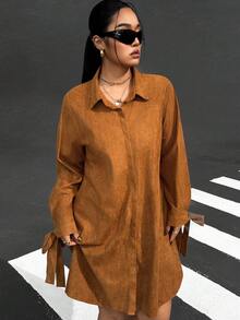 SHEIN EZwear 秋冬大码复古系带绒面革连衣裙 - 棕色 - 查看 5