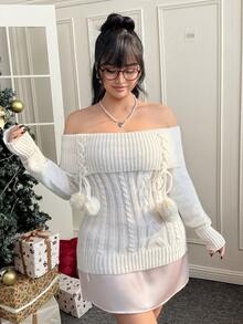CovetEZ 圣诞性感露肩长袖针织毛衣，甜美迷人，适合圣诞派对穿着，秋冬 - 白色 - 查看 7