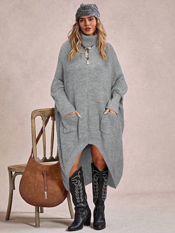 Freevana Suéter informal de talla grande con bolsillos y dobladillo asimétrico, para fiestas, festivales de música, uso en casa, eventos de regreso a la escuela, regalos y compras. Ropa de invierno, suéteres de otoño, estilo occidental.