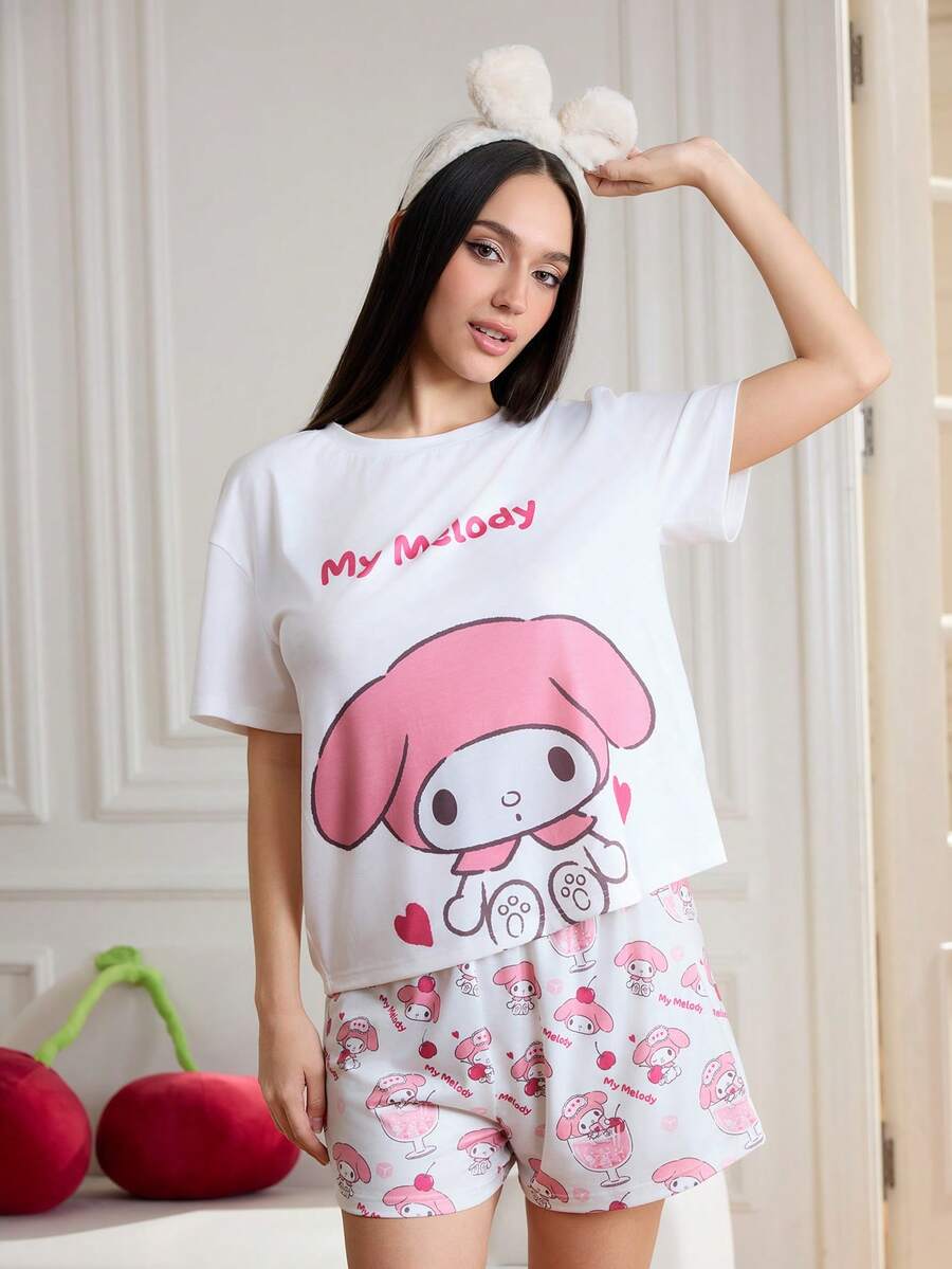 HELLO KITTY AND FRIENDS | SHEIN Bộ đồ ngủ tay ngắn cổ tròn in họa tiết hoạt hình dễ thương dành cho nữ, mùa hè - Nhiều màu - Xem 1