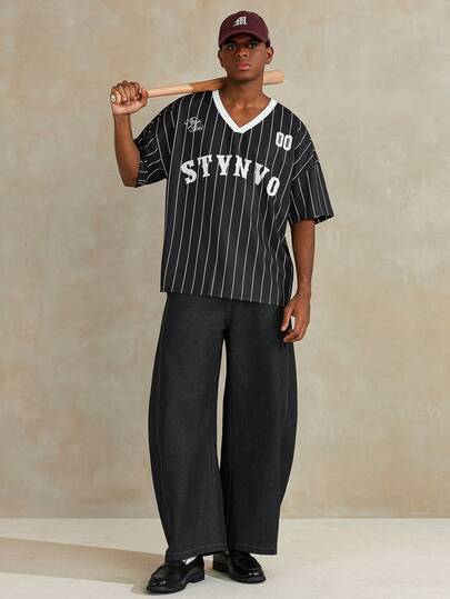 STYNVO 男士字母条纹V领短袖休闲宽松T恤