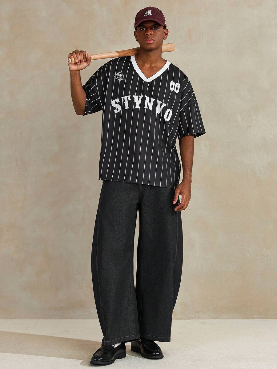 STYNVO 男士字母条纹V领短袖休闲宽松T恤 - 黑色 - 查看 1