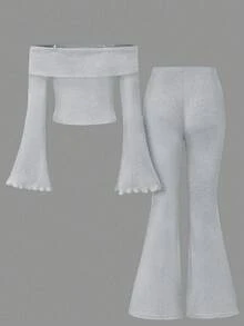 SHEIN Serisse Kids 青少年女孩休闲露肩蝴蝶结衬衫和纯色喇叭裤套装