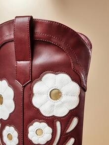 SHUZIA New Women's Floral Embroidery Vegan Leather Pointed Toe Western Style Chic Cowboy Boots Chunky Heel Slip-On Rodeo Dance Holiday Fall Winter Shoe For Christmas - Burgundy - View 7