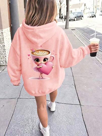 SHEIN Playful Pals Ung flicka Casual Mode Söt Rolig Cappuccino Ballerina Dansare Tryck Vändbar Tröja, Rosa, Lämplig För Vardag, Utomhus, Sport Och Skola, Höst/Vinter Söta Tröjor Rosa Grafiska Tröjor Höst