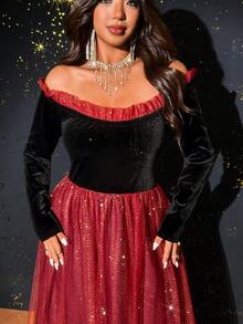 Viva Relle 大码女式露肩网眼飘逸长袖连衣裙，适合派对、婚礼宾客 - 彩色 - 查看 7