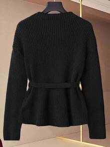 SHEIN 大码女式纯色落肩长袖罗纹针织休闲时尚上衣 - 黑色 - 查看 2