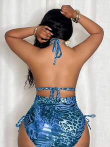 Slaydiva Plus Size Women Leopard Print Triangle Top And Tie Side Bottoms One-Piece Swimsuit, Beach Vacation - Blue - View 2