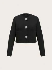 Ellevyn 大码女士优雅黑色外套，饰有水钻纽扣，短款外套，适合秋冬季节穿着。 - 黑色 - 查看 11