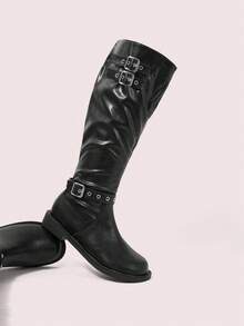 CUCCOO DOLLMOD Botas de media caña para mujer con puntera redonda y hebilla de metal, color negro clásico - Negro - Ver 6